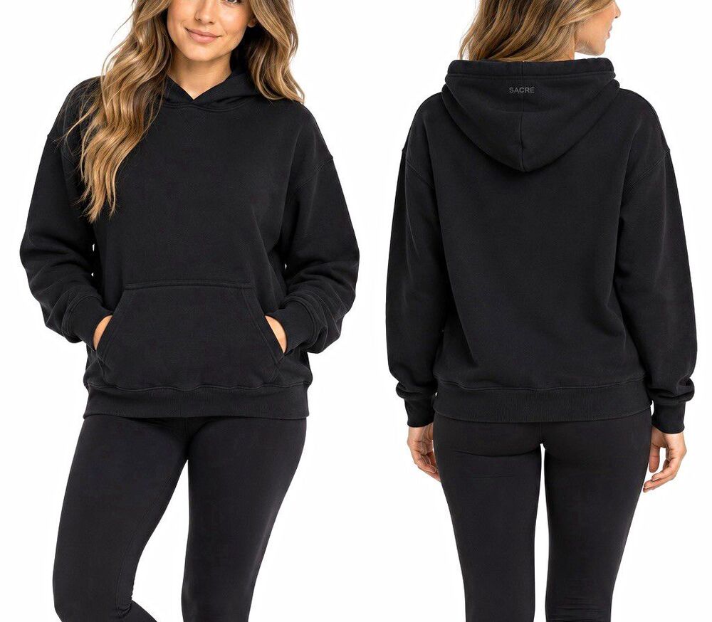 SACRÉ Black Pullover Hoodie S/M Fleece Kangaroo Pocket Minimalist Sweatshirt